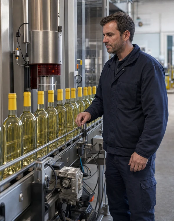 Técnico a acompanhar uma linha de engarrafamento de vinho branco